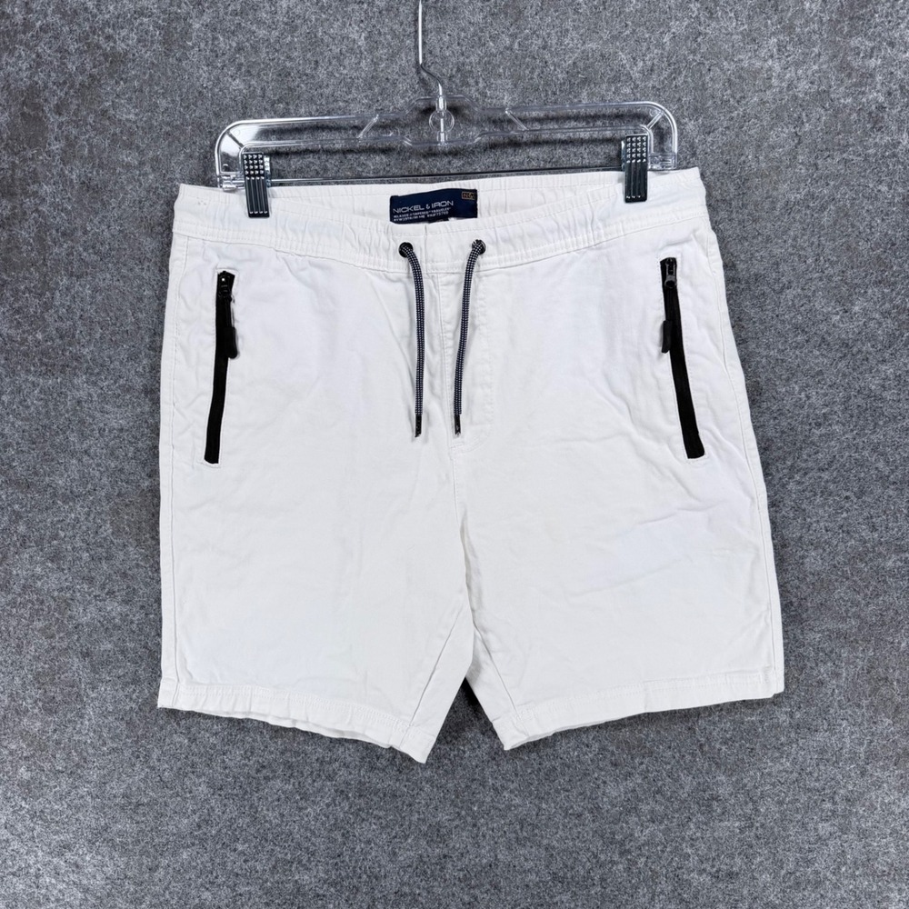 Nickel & Iron Men's M White Drawstring Shorts Zip Pockets Stretch Casual Travel